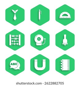 Set Ringing alarm bell, Magnet, Spiral notebook, Alphabet, Abacus, Protractor and Tie icon. Vector