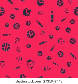Definir campainha de alarme de toque, livro de leitura do homem, bola de basquete e lápis com borracha em padrão sem costura. Vetor