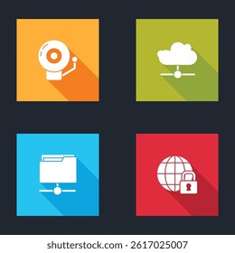 Set Ringing alarm bell, Network cloud connection, FTP folder and Global lockdown icon. Vector