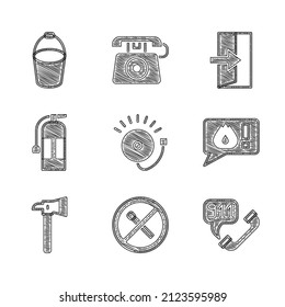 Ponga el timbre de alarma de sondeo, Sin juego de incendios, Llamada telefónica 911, Cera de bomberos, extintor, salida e icono del balde. Vector