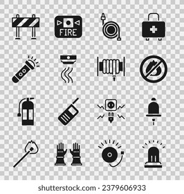Set Ringing alarm bell, No fire, Fire hose reel, Smoke system, Flashlight, Road barrier and  icon. Vector