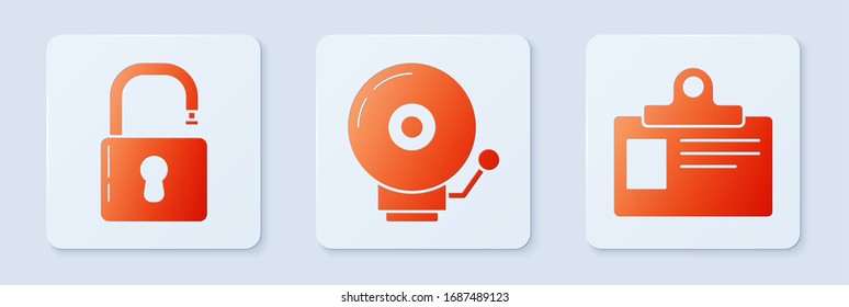 Ponga la campana de alarma, el candado abierto y la placa de identificación. Botón cuadrado blanco. Vector