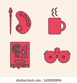 Set Ringing Alarm Glocke, Paint Pinsel mit Palette, Kaffeetasse und Board mit Diagramm Symbol. Vektorillustration