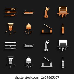 Set Ringing alarm bell, Paper shredder, Bullet, Parking car barrier, Motion sensor, Police electric shocker, Barbed wire and Flasher siren icon. Vector