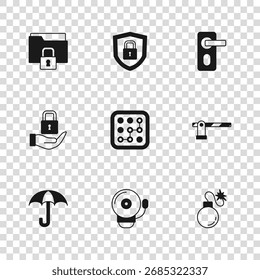 Set Ringing alarm bell, Parking car barrier, Bomb, Graphic password protection, Fingerprint door lock, Folder and, Shield security with and Lock icon. Vector