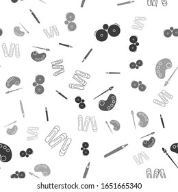 Set Ringing alarm bell, Pen, Paint brush with palette and Paper clip on seamless pattern. Vector