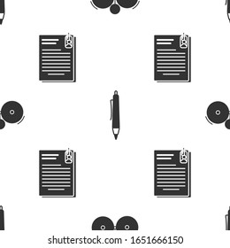 Rufen Sie eine Ringmelde-Alarmglocke, einen Pen- und einen File-Dokument- und einen Papierclip auf ein nahtloses Muster. Vektorillustration