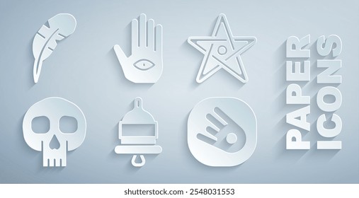 Set Klingelnde Alarmglocke, Pentagramm, Schädel, Komet fällt schnell, Hamsa Hand und Feder Symbol. Vektorgrafik