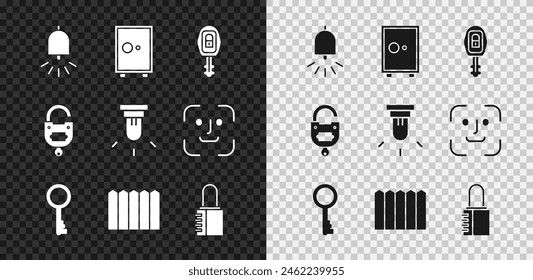 Set Ringing alarm bell, Safe, Car key with remote, Old, Garden fence wooden, combination lock, Lock and and Motion sensor icon. Vector