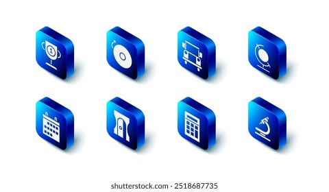 Definir campainha de alarme de toque, ônibus escolar, globo terrestre, microscópio, calculadora, apontador de lápis, calendário e ícone de copo de prêmio. Vetor