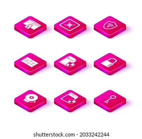 Set Ringing alarm bell, SD card and shield, Bricks, Document protection concept, Key, Safe combination lock, Shield with WiFi wireless internet network and icon. Vector