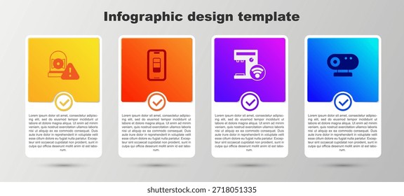 Set Timbre de alarma, Recargo de batería de Smartphone, cafetera y cámara de Web. Plantilla de infografía de negocios. Vector