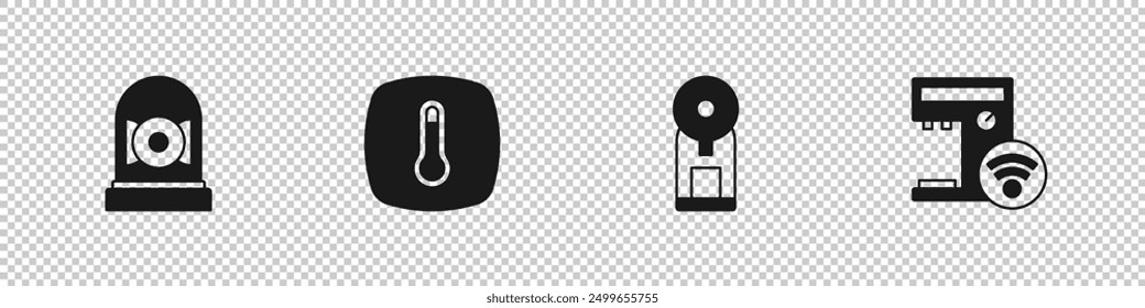 Set Ringing alarm bell, Thermostat, Smart coffee machine and  icon. Vector