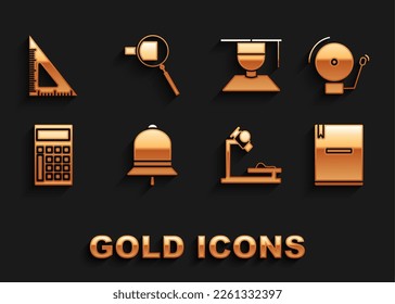 Ajuste timbre, alarma, portátil, microscopio, calculadora, graduado y gorra de graduación, regla triangular e icono de cristal de aumento. Vector