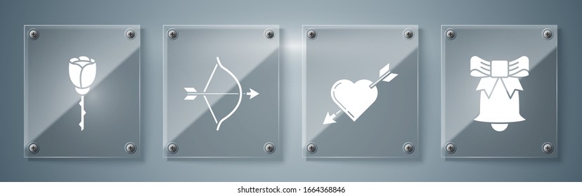 Set Ringing bell, Amour symbol with heart and arrow, Bow and arrow and Flower rose. Square glass panels. Vector