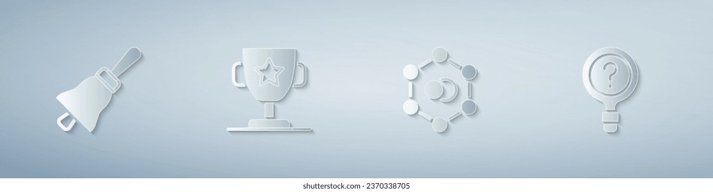 Establece la campana de sonido, la copa de premio, la molécula y la búsqueda desconocida. Estilo de arte de papel. Vector