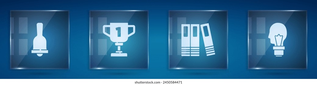 Set Ringing bell, Award cup, Office folders and Light bulb with concept of idea. Square glass panels. Vector