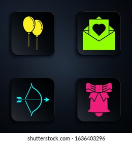 Set Ringing bell, Balloons with ribbon, Bow and arrow and Envelope with Valentine heart. Black square button. Vector