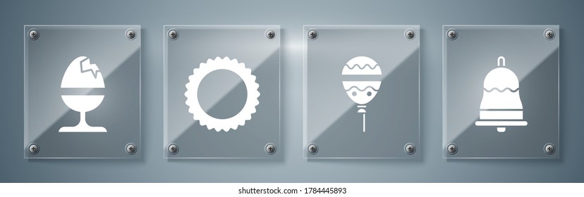 Set Ringing bell, Balloons with ribbon, Sun and Chicken egg on a stand. Square glass panels. Vector