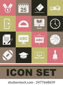 Set Ringing bell, Basketball ball, Clock, Eraser or rubber, Protractor grid, Graduation cap on mobile, Medal and Online class icon. Vector