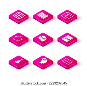 Set Ringing bell, Calculation, Geometric figure Pentagonal prism, Equation solution, Chalkboard, Book with word mathematics, Sigma symbol and Open book icon. Vector