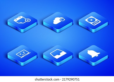 Set Ringing bell, Calendar with check mark, Social media inbox, Dead laptop, Cloud sync refresh and Hard disk drive HDD icon. Vector
