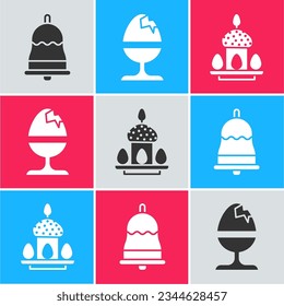 Set Ringing bell, Chicken egg on a stand and Easter cake and eggs icon. Vector