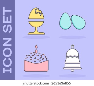 Set Ringing bell, Chicken egg on a stand, Easter cake and candle and Easter eggs icon. Vector
