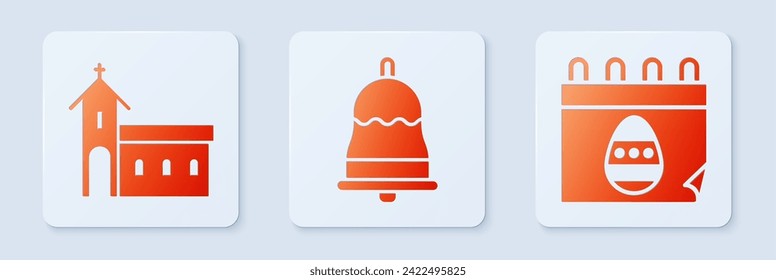 Set Ringing bell, Church building and Calendar with Easter egg. White square button. Vector