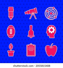 Set Ringing bell, Clipboard with checklist, Apple, Head gear inside, Plant pot, American Football ball, Solar system and Pencil eraser icon. Vector