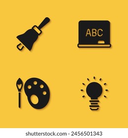 Set Ringing bell, Creative lamp light idea, Paint brush with palette and Chalkboard icon with long shadow. Vector
