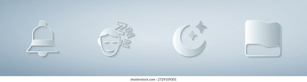 Conjunto Campana de timbre, Sueños, Luna y estrellas y Almohada. Estilo de arte de papel. Vector