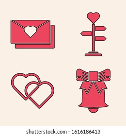 Set Ringing bell, Envelope with Valentine heart, Signpost with heart and Two Linked Hearts icon. Vector