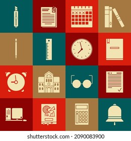 Set Ringing bell, Exam sheet with check mark, Notebook, Calendar, Ruler, Pencil eraser, Stationery knife and Clock icon. Vector