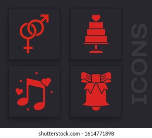 Set Ringing bell, Gender, Wedding cake with heart and Music note, tone with hearts icon. Vector