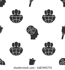 Set Ringing bell, Human head puzzles strategy and Globe and people on seamless pattern. Vector