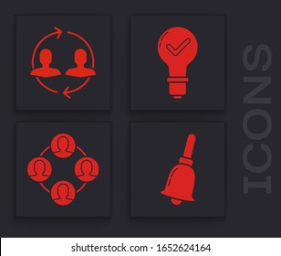 Set Ringing bell, Human resources, Light bulb and check mark and Project team base icon. Vector