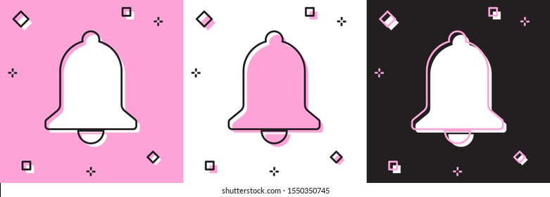 Set Ringing bell icon isolated on pink and white, black background. Alarm symbol, service bell, handbell sign, notification symbol.  Vector Illustration