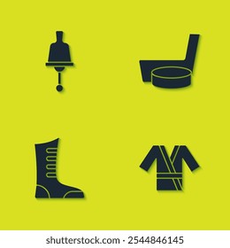 Set Ringing bell, Japanese costume Kimono, Sport boxing shoes and Ice hockey stick and puck icon. Vector