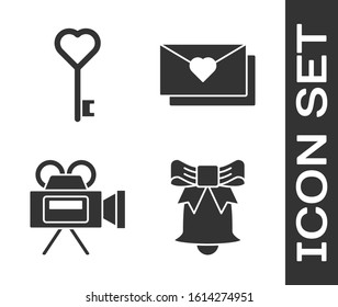 Set Ringing bell, Key in heart shape, Cinema camera and Envelope with Valentine heart icon. Vector