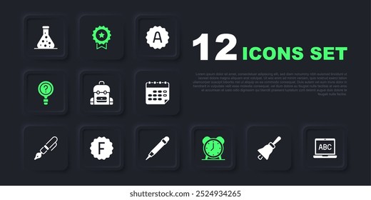 Set Ringing bell, Laptop, School backpack, Alarm clock, Unknown search, Exam paper with incorrect answers, Medal star and Pencil eraser icon. Vector