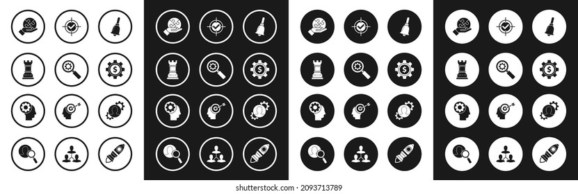 Set Ringing bell, Magnifying glass and gear, Business strategy, Piece of puzzle hand, Gear with dollar symbol, Target check mark, Human inside and head icon. Vector