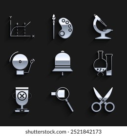 Set Ringing bell, Magnifying glass, Scissors, Test tube and flask chemical laboratory test, Award cup, alarm, Microscope and Pie chart infographic icon. Vector