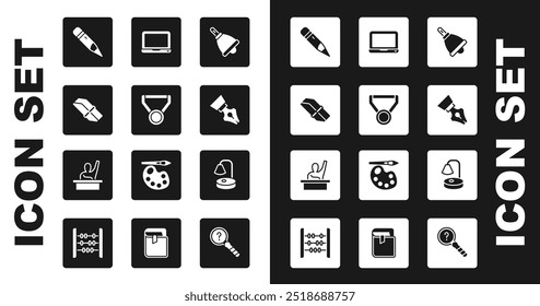 Set Ringing bell, Medal, Eraser or rubber, Pencil with eraser, Fountain pen nib, Laptop, Table lamp and Male kid raising hand icon. Vector