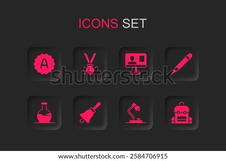 Set Ringing bell, Medal, Exam sheet with A plus grade, Table lamp, Pencil eraser, School backpack, Online class and Test tube icon. Vector