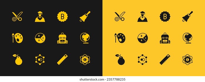 Set Ringing bell, Molecule, School backpack, Ruler, Pie chart infographic, Exam paper with incorrect answers, Scissors and Graduate and graduation cap icon. Vector