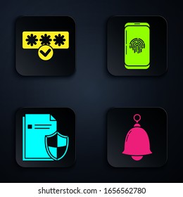 Establecer campana de llamada , Protección de contraseña y acceso de seguridad, Concepto de protección de documentos y Smartphone con escáner de huellas digitales . Botón cuadrado negro. Vector