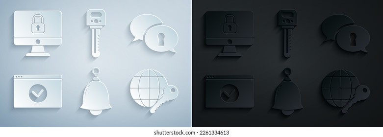 Establecer timbre sonora, Protección de datos personales, Proteger su sitio con HTTPS, SSL, clave de globo, icono de pantalla del monitor de teclado y bloqueo del equipo. Vector