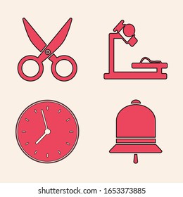 Set Ringing bell, Scissors, Microscope and Clock icon. Vector