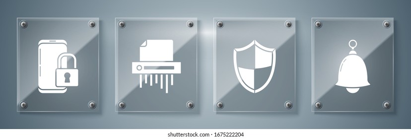 Ajuste de campana , Escudo , Triturador de papel confidencial y Smartphone con candado cerrado . Paneles de vidrio cuadrado. Vector